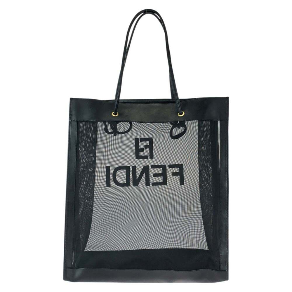 FENDI FF logo black with gold hardware, leather and mesh tote bag, shoulder b... - Picture 2 of 10